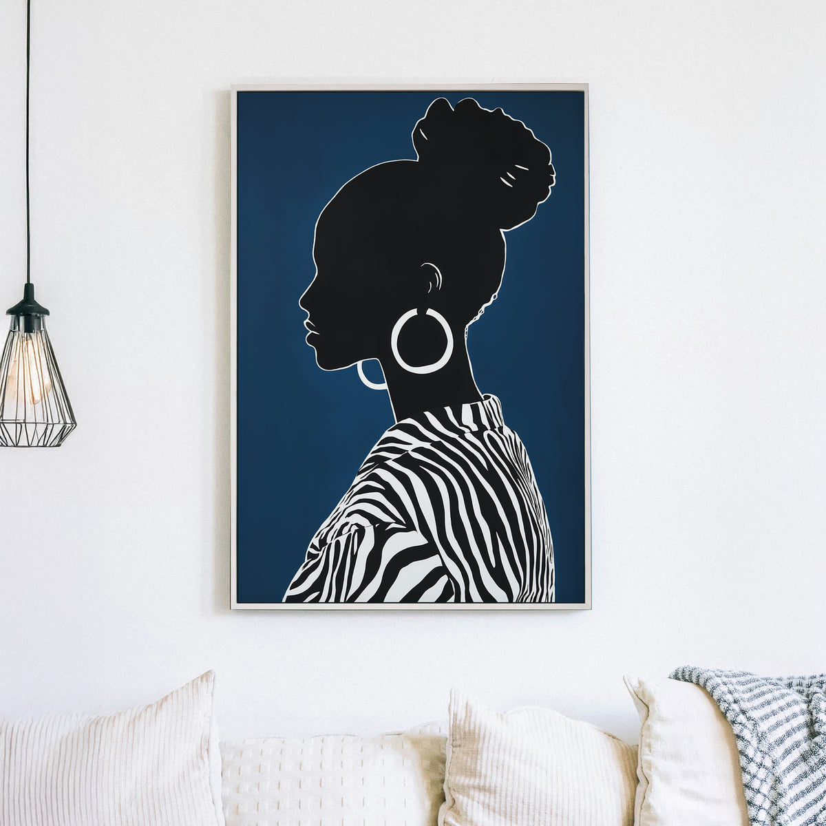Minimalist black and white silhouette of a woman with hoop earrings and zebra-print clothing on a deep navy background.