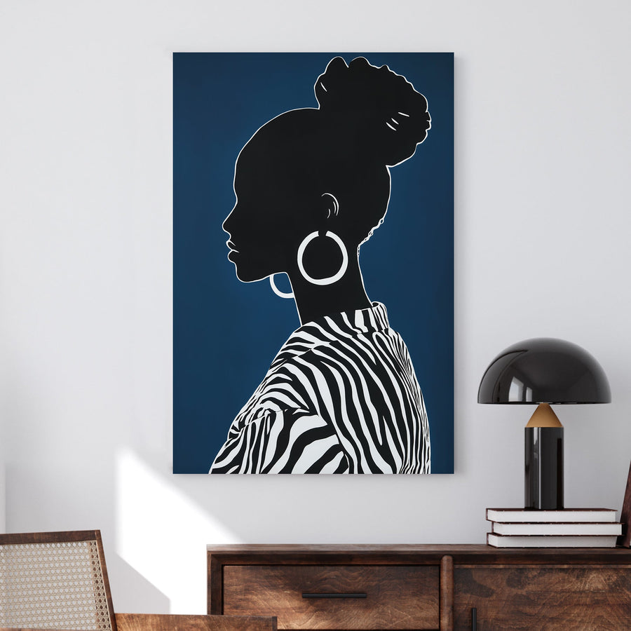 Minimalist black and white silhouette of a woman with hoop earrings and zebra-print clothing on a deep navy background.