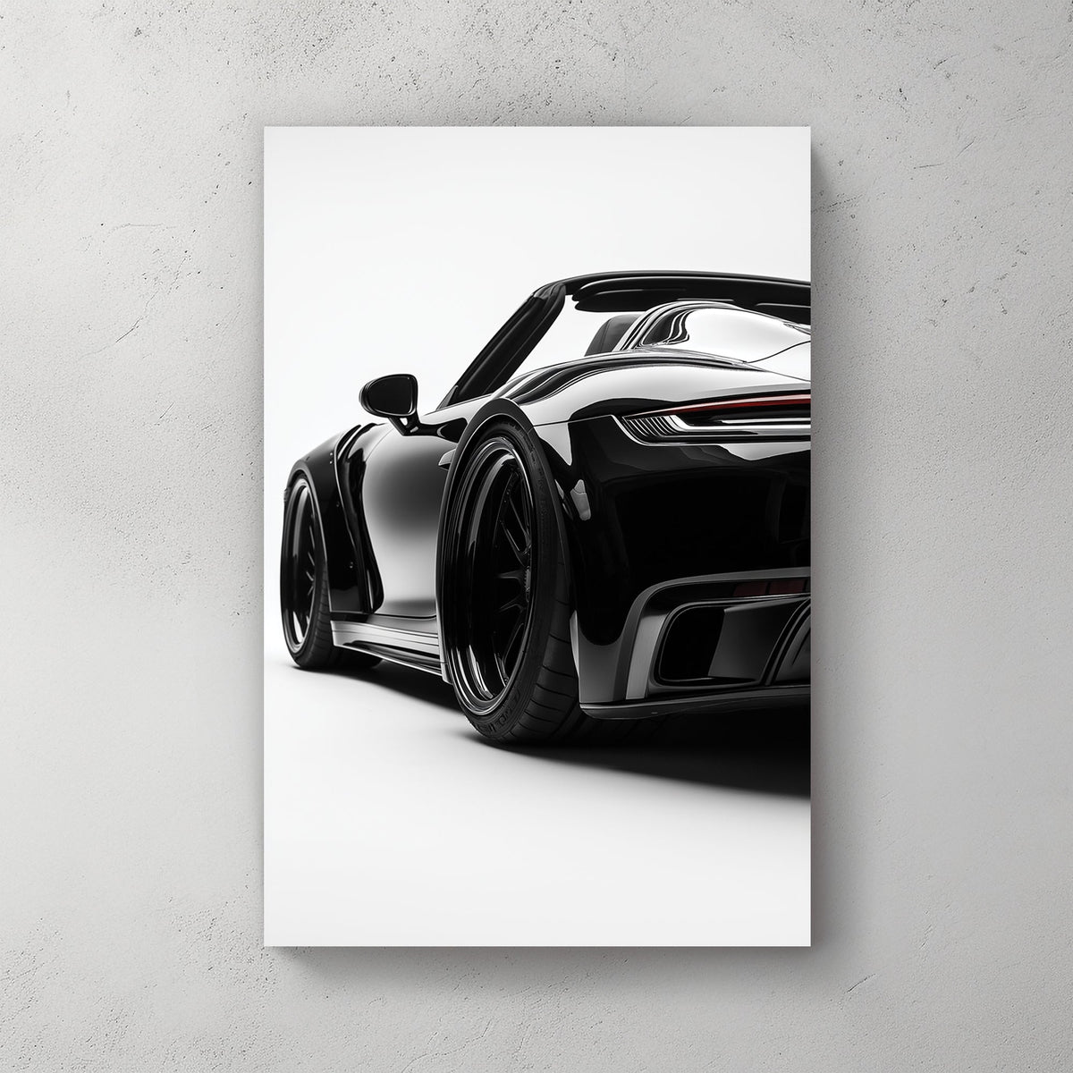 Minimalist high-contrast artwork of a black sports car with a glossy finish against a white background.