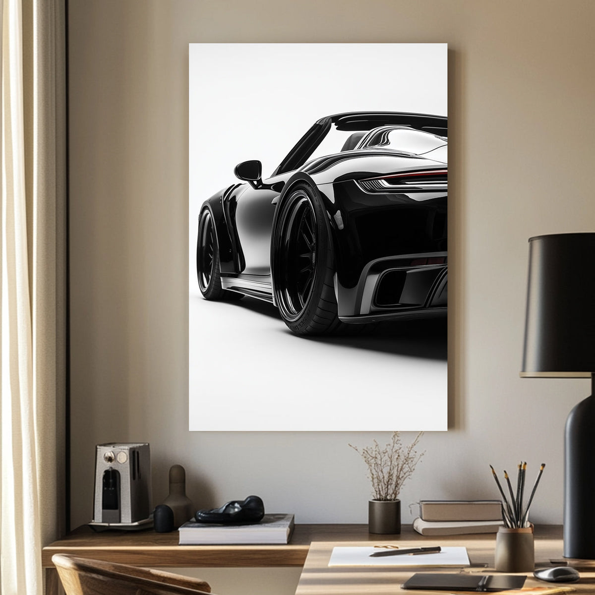 Minimalist high-contrast artwork of a black sports car with a glossy finish against a white background.
