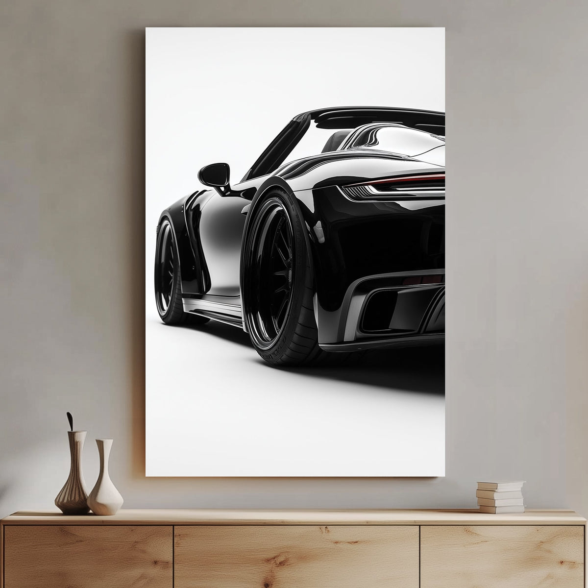 Minimalist high-contrast artwork of a black sports car with a glossy finish against a white background.