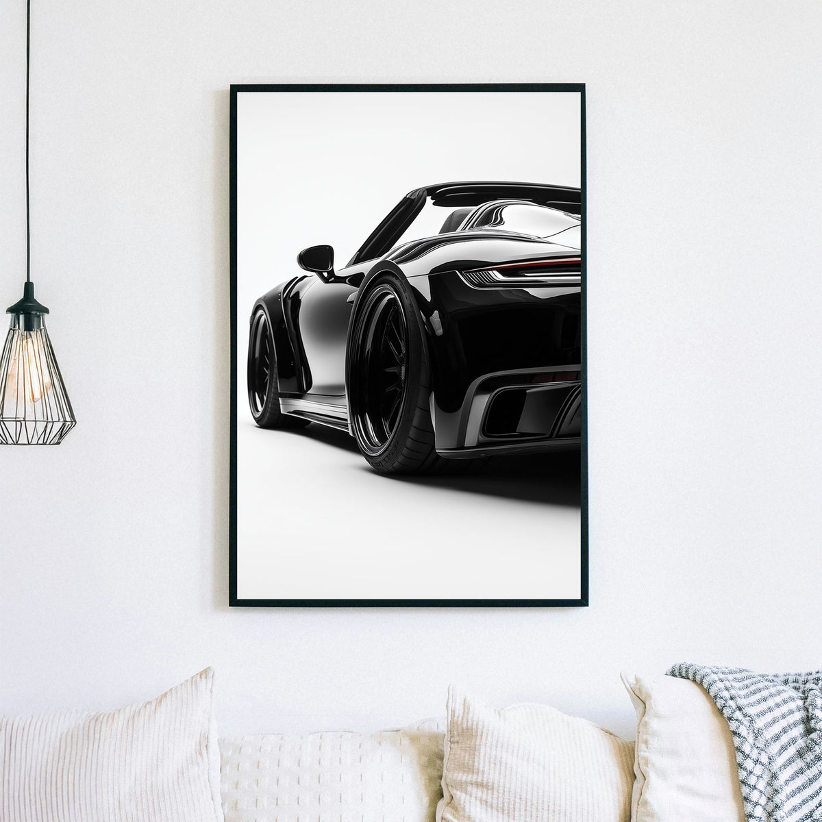 Minimalist high-contrast artwork of a black sports car with a glossy finish against a white background.