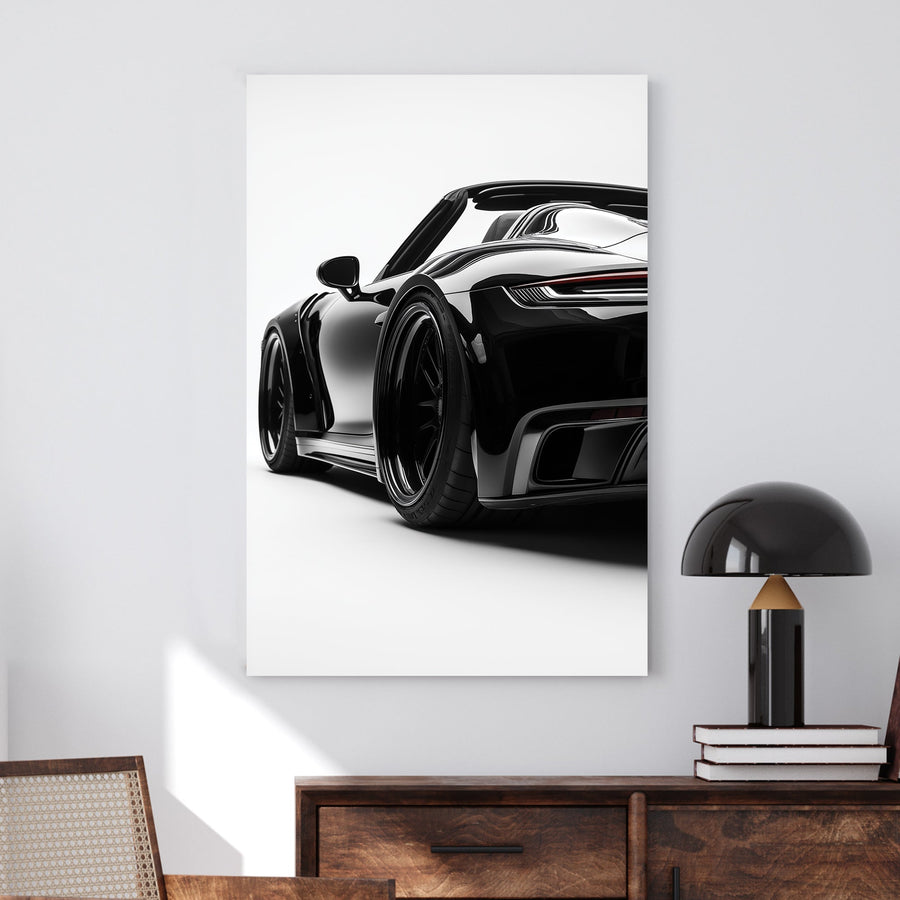 Minimalist high-contrast artwork of a black sports car with a glossy finish against a white background.