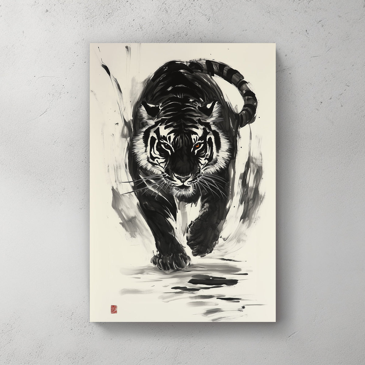 Chinese brush art of a black-and-white tiger in motion, with bold ink strokes and piercing amber eyes.