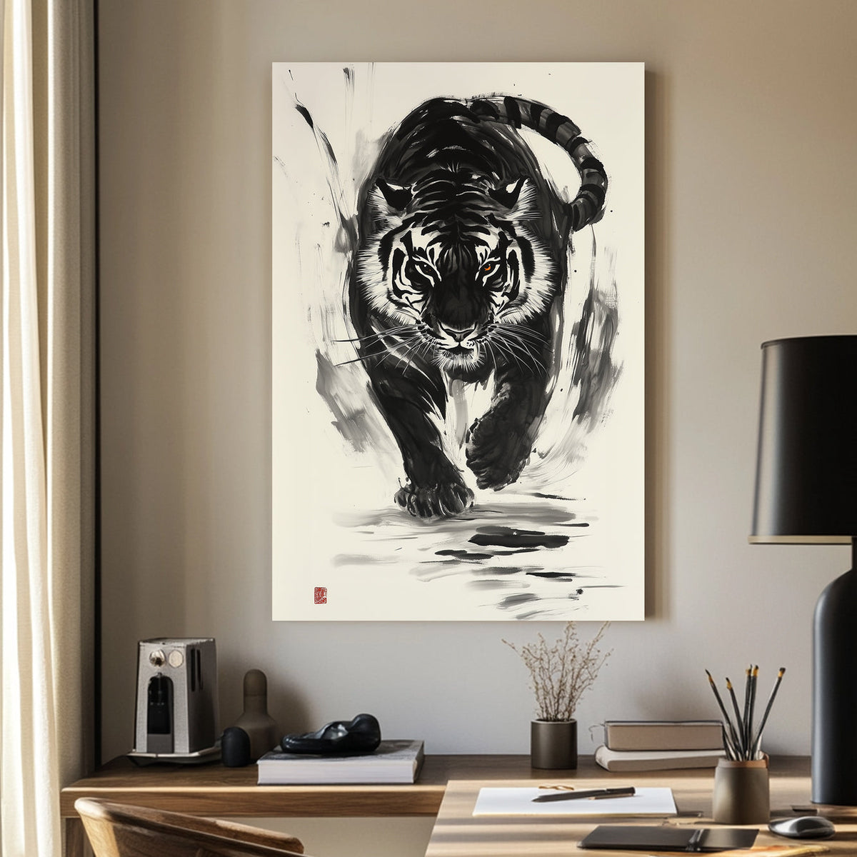 Chinese brush art of a black-and-white tiger in motion, with bold ink strokes and piercing amber eyes.