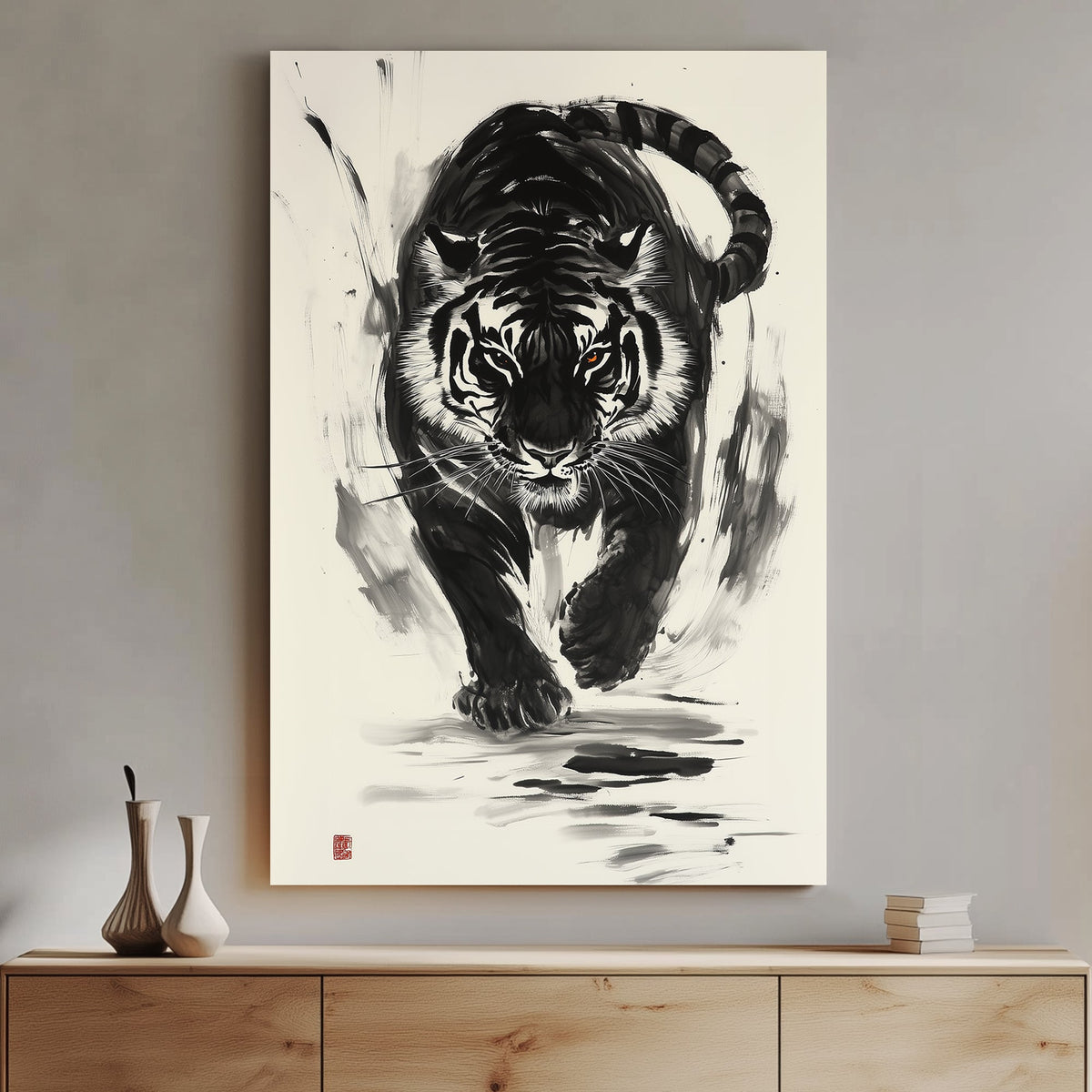 Chinese brush art of a black-and-white tiger in motion, with bold ink strokes and piercing amber eyes.