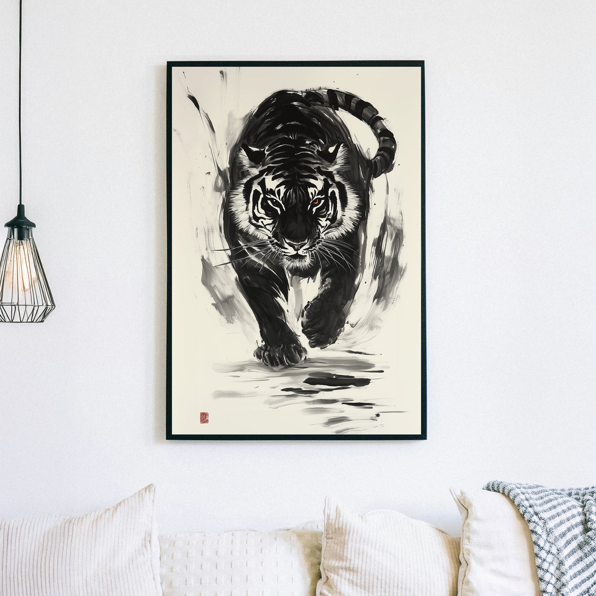 Chinese brush art of a black-and-white tiger in motion, with bold ink strokes and piercing amber eyes.