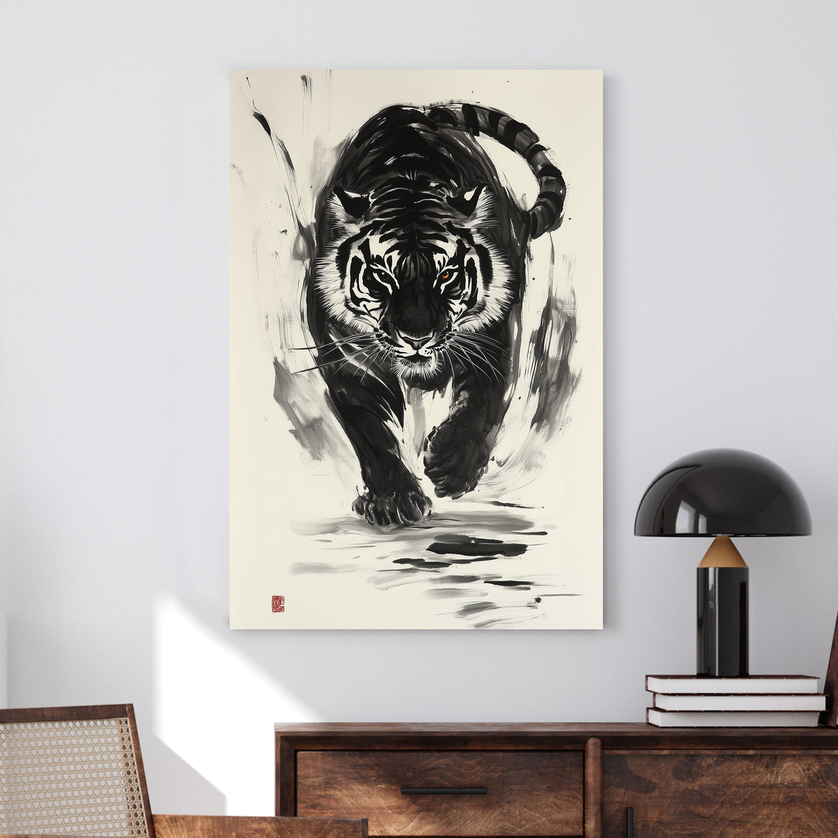 Chinese brush art of a black-and-white tiger in motion, with bold ink strokes and piercing amber eyes.