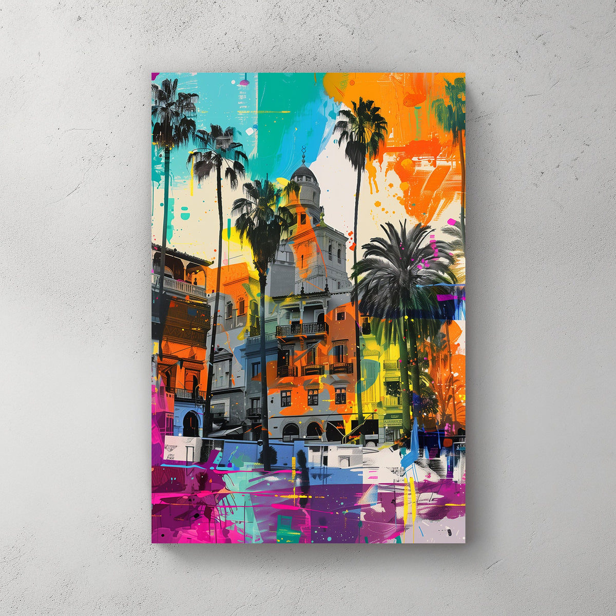 Graffiti-style artwork of Mediterranean buildings with bold neon splashes, towering palm trees, and a sunset-inspired colour palette.