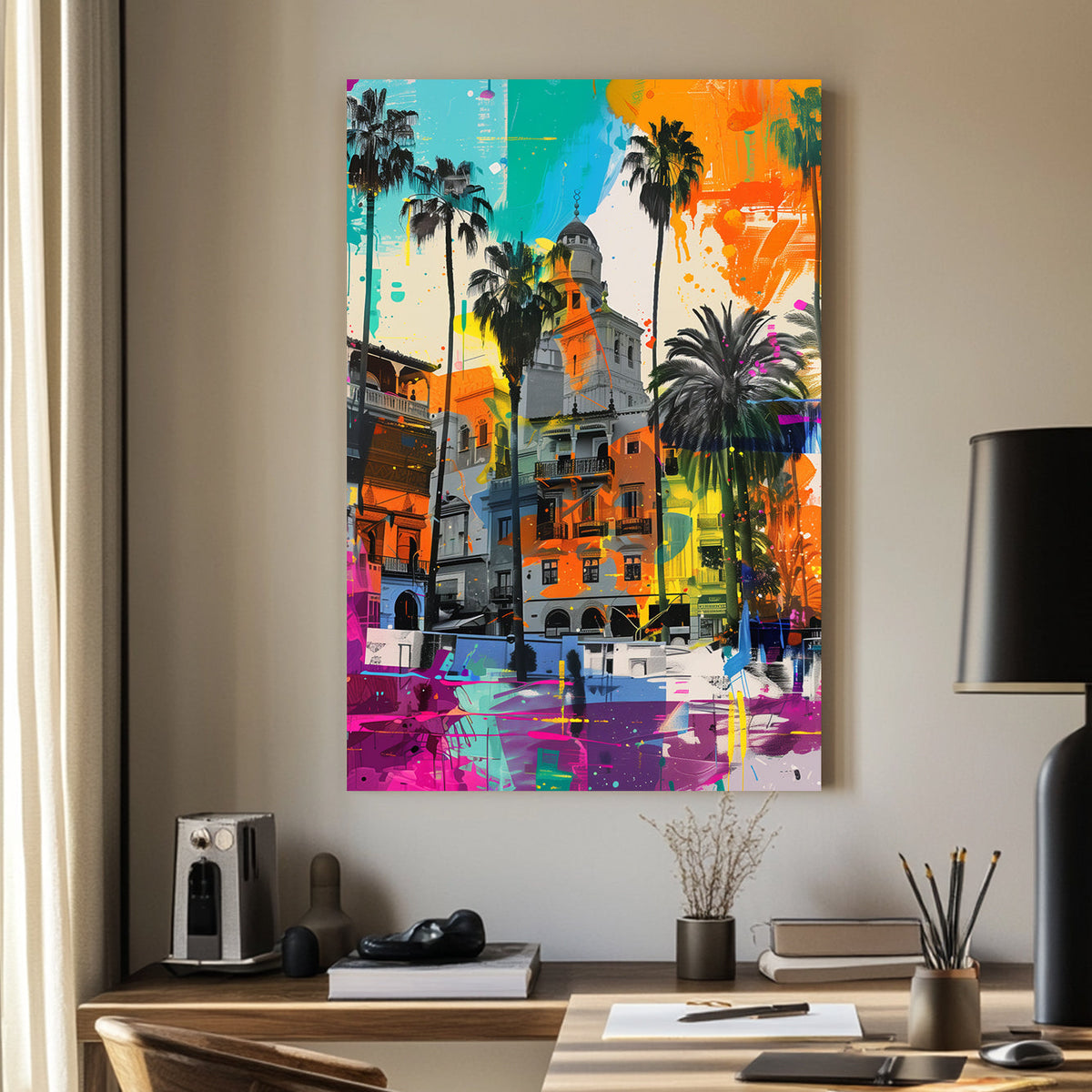 Graffiti-style artwork of Mediterranean buildings with bold neon splashes, towering palm trees, and a sunset-inspired colour palette.