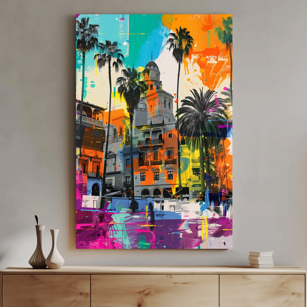 Graffiti-style artwork of Mediterranean buildings with bold neon splashes, towering palm trees, and a sunset-inspired colour palette.