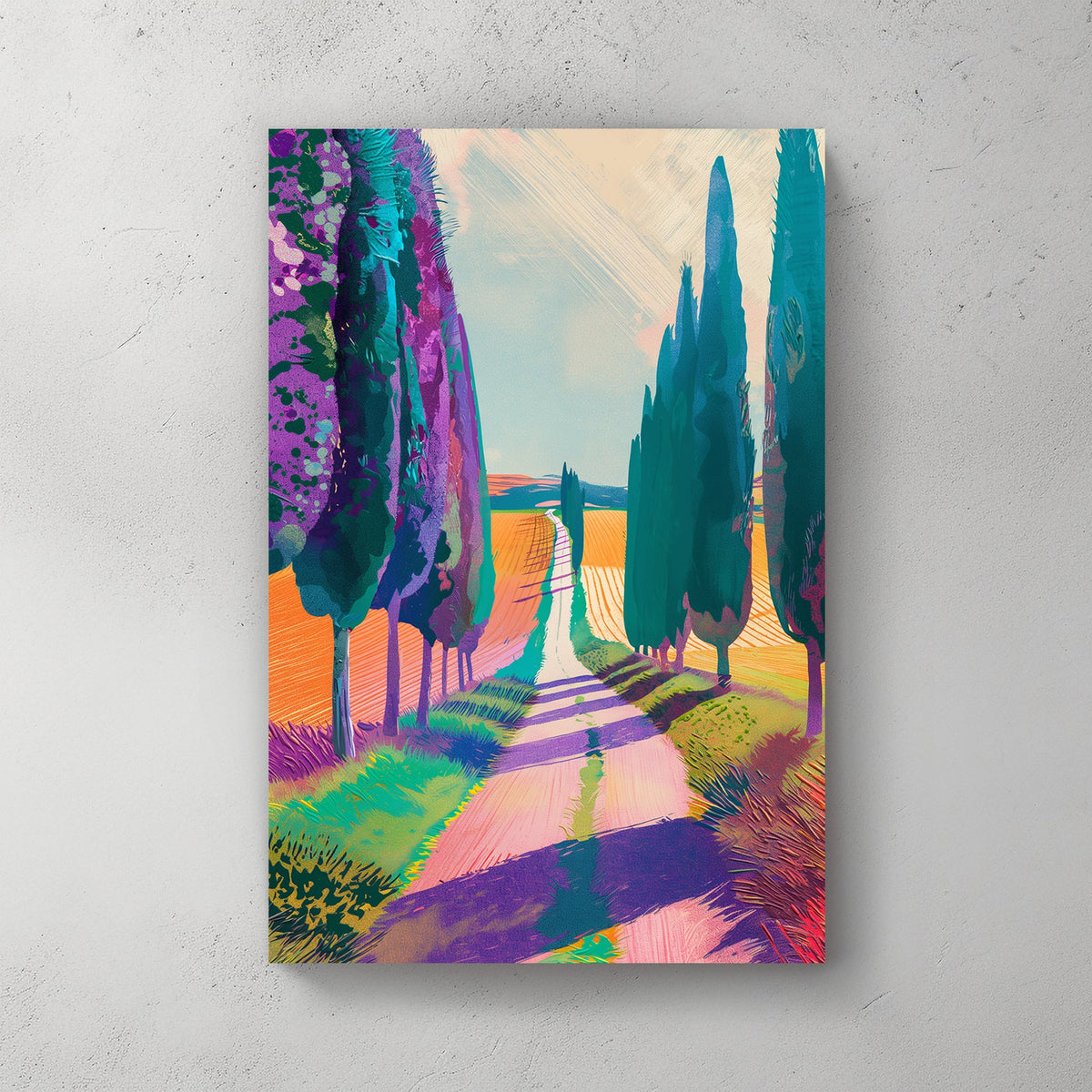 Expressionist artwork of a Tuscan countryside with vibrant cypress trees, golden fields, and a winding country road in bold shades of purple, teal, and orange.