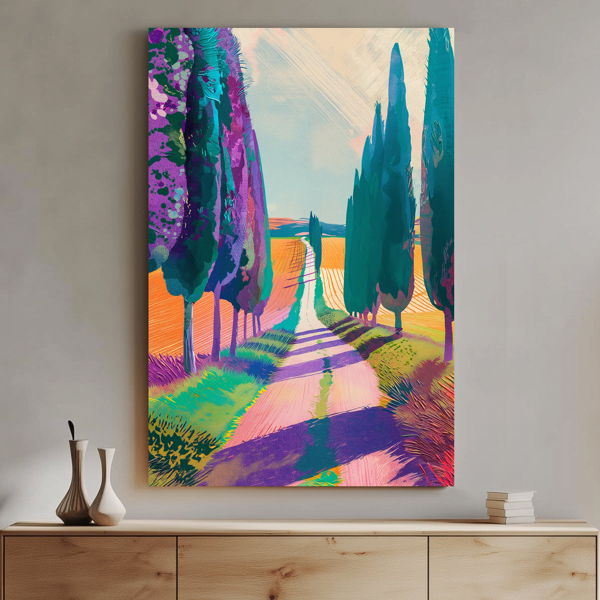 Expressionist artwork of a Tuscan countryside with vibrant cypress trees, golden fields, and a winding country road in bold shades of purple, teal, and orange.