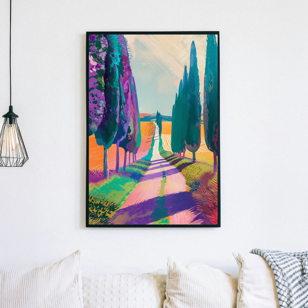 Expressionist artwork of a Tuscan countryside with vibrant cypress trees, golden fields, and a winding country road in bold shades of purple, teal, and orange.