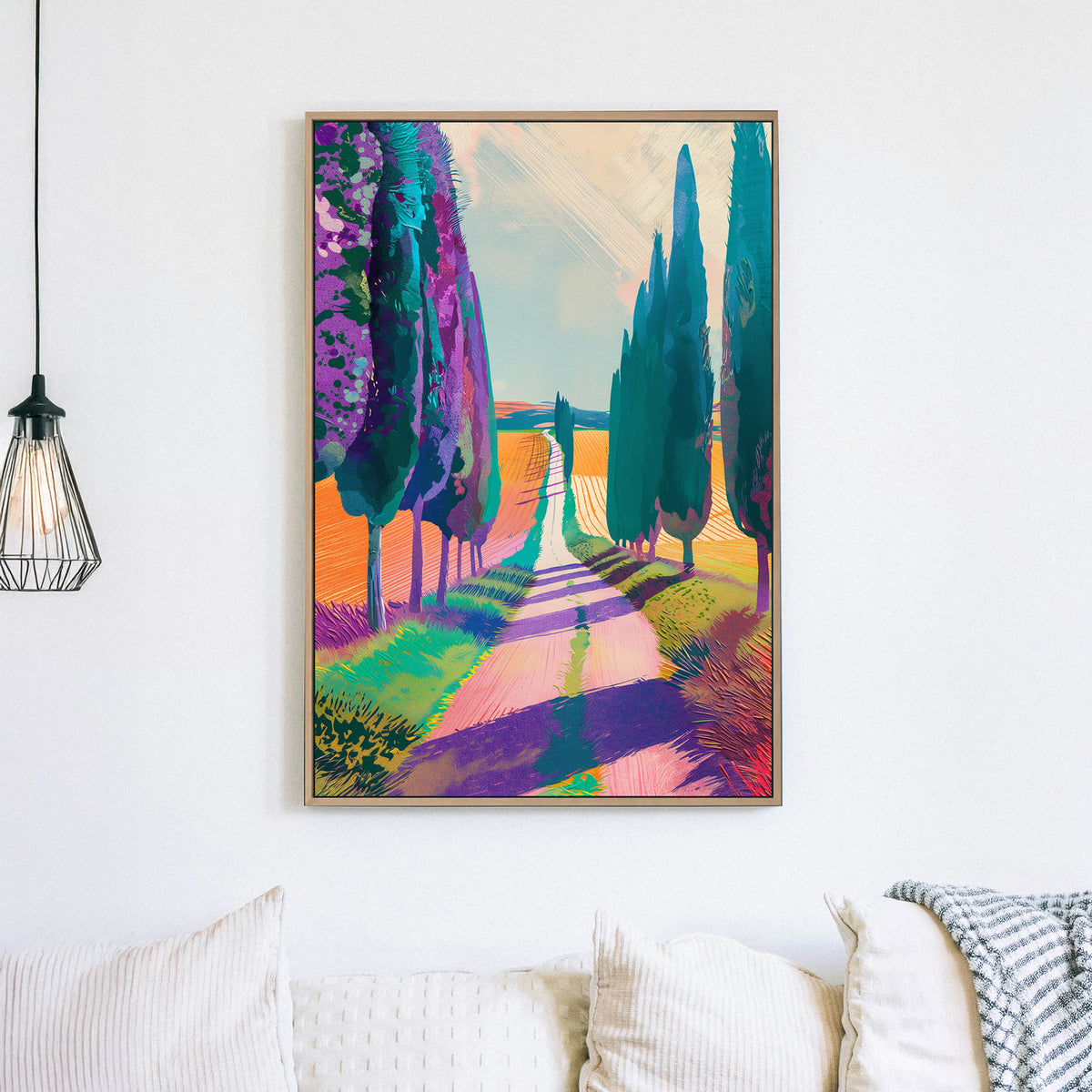 Expressionist artwork of a Tuscan countryside with vibrant cypress trees, golden fields, and a winding country road in bold shades of purple, teal, and orange.