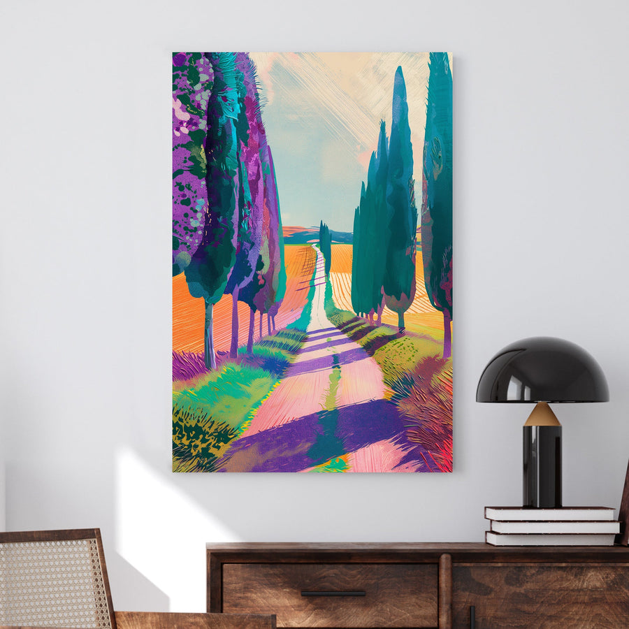 Expressionist artwork of a Tuscan countryside with vibrant cypress trees, golden fields, and a winding country road in bold shades of purple, teal, and orange.