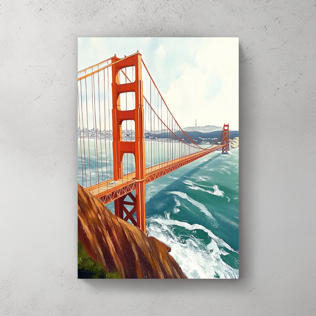 wall art-style artwork of the Golden Gate Bridge, featuring a vivid red suspension bridge over a deep blue ocean with the San Francisco skyline in the background.