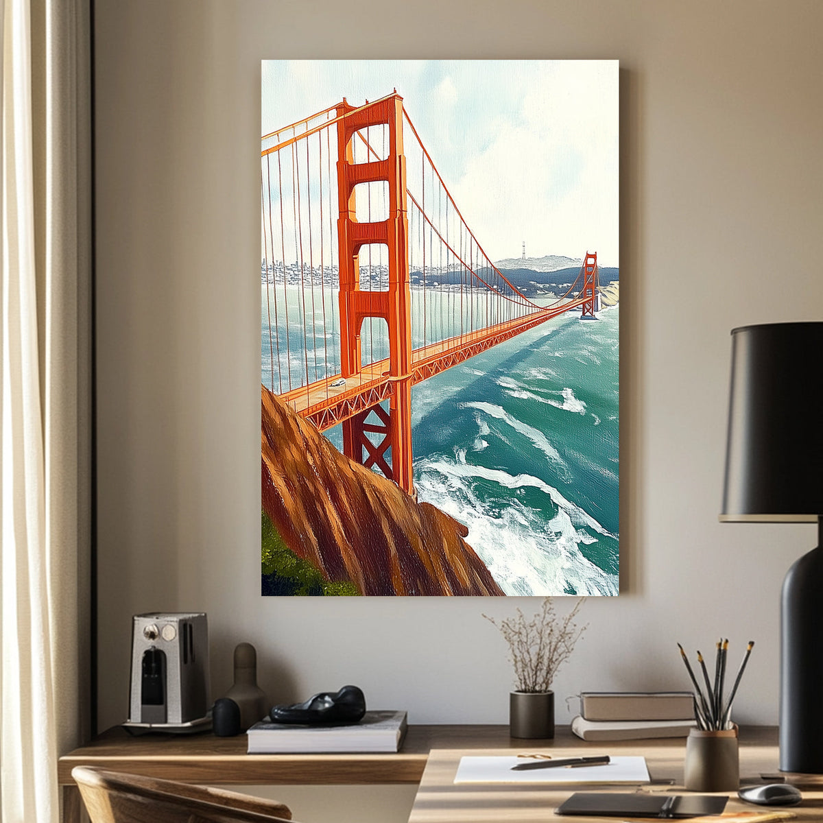 wall art-style artwork of the Golden Gate Bridge, featuring a vivid red suspension bridge over a deep blue ocean with the San Francisco skyline in the background.