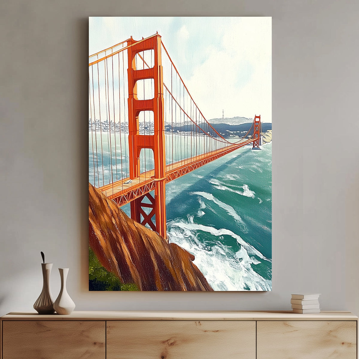 wall art-style artwork of the Golden Gate Bridge, featuring a vivid red suspension bridge over a deep blue ocean with the San Francisco skyline in the background.