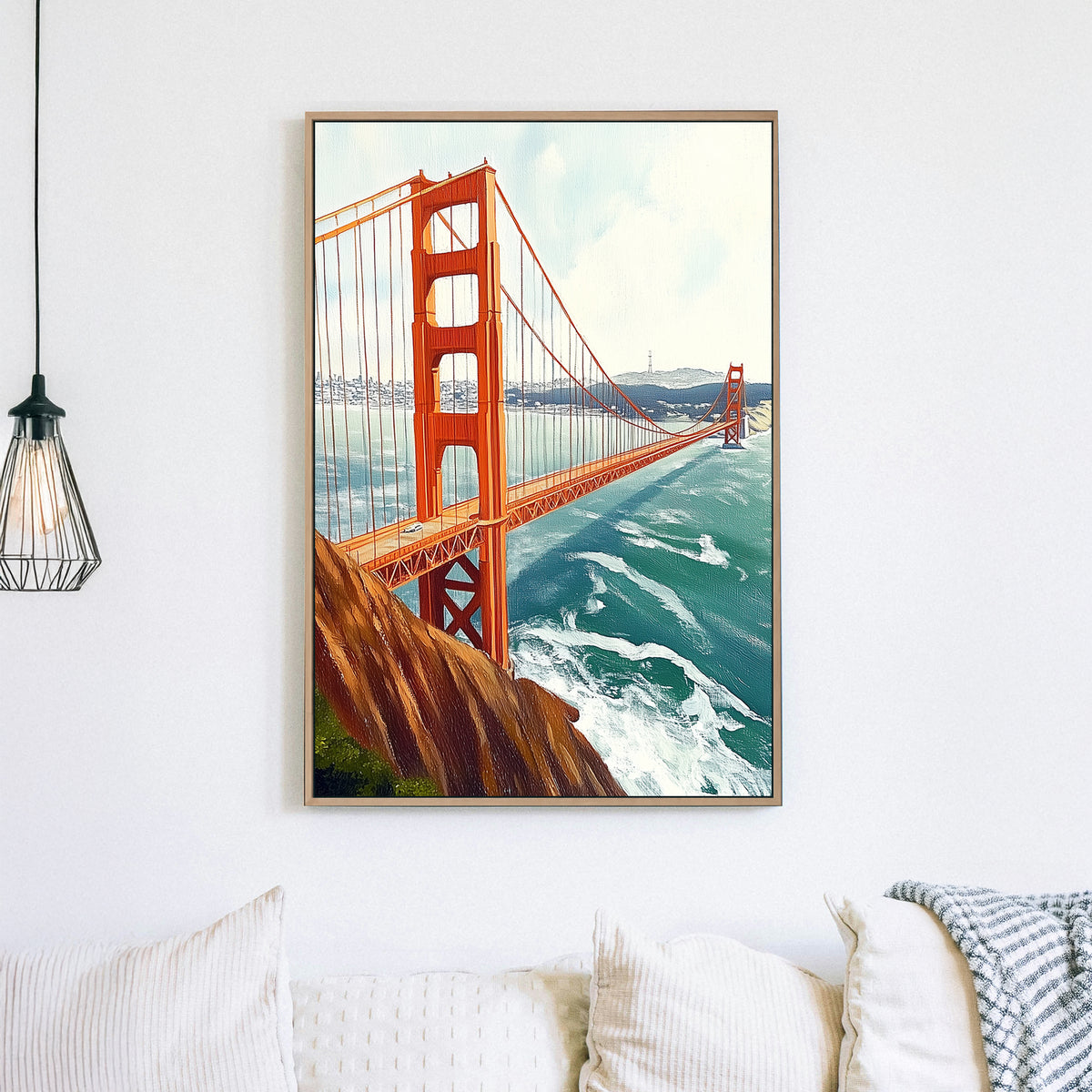 wall art-style artwork of the Golden Gate Bridge, featuring a vivid red suspension bridge over a deep blue ocean with the San Francisco skyline in the background.