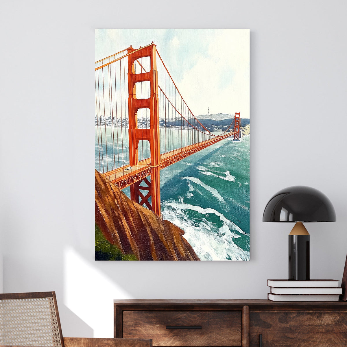 wall art-style artwork of the Golden Gate Bridge, featuring a vivid red suspension bridge over a deep blue ocean with the San Francisco skyline in the background.