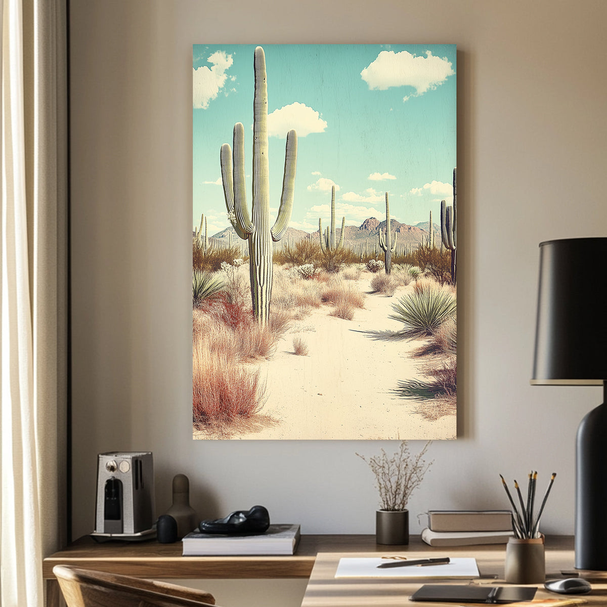 Vintage-style desert landscape featuring towering saguaro cacti, golden sand, and distant mountains under a pale blue sky.
