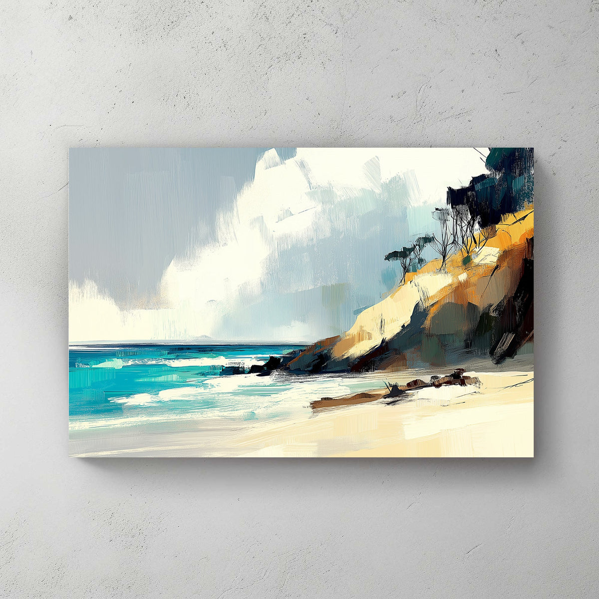 Abstract coastal landscape featuring golden cliffs, turquoise waves, and a serene sky with textured brushstrokes.