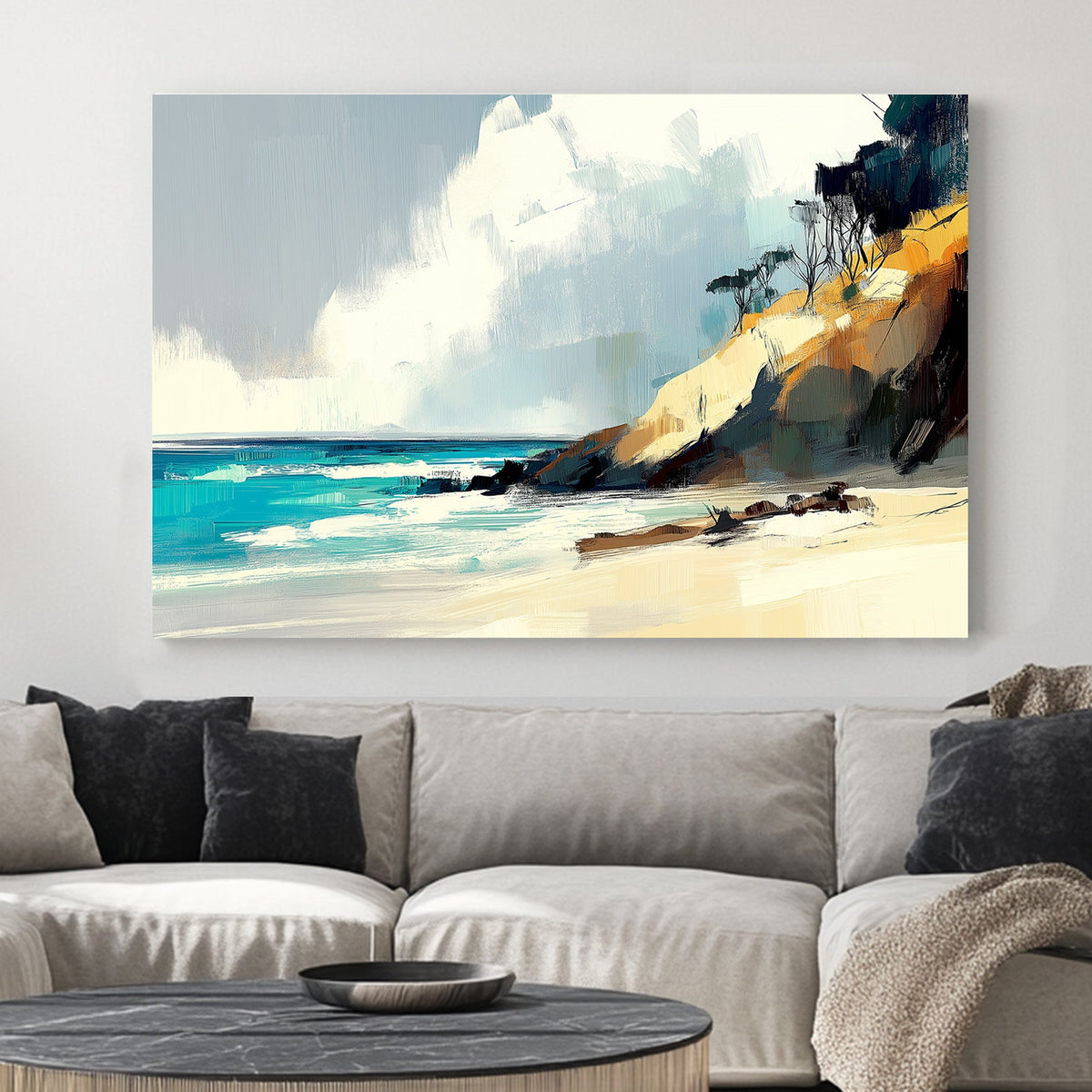 Abstract coastal landscape featuring golden cliffs, turquoise waves, and a serene sky with textured brushstrokes.