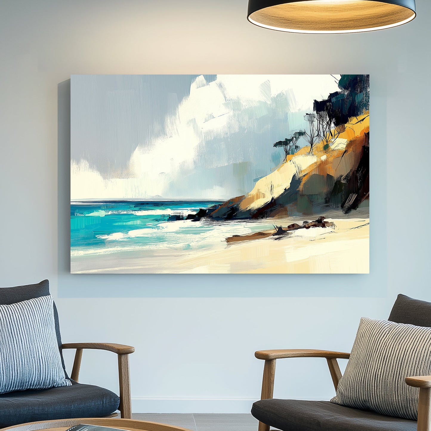 Abstract coastal landscape featuring golden cliffs, turquoise waves, and a serene sky with textured brushstrokes.