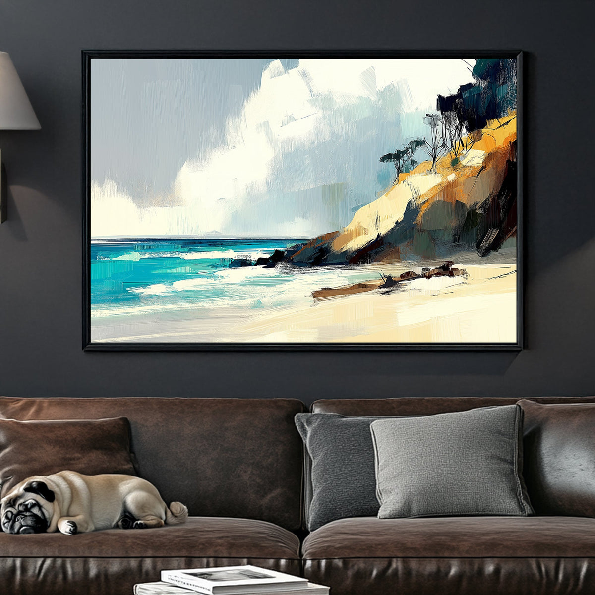 Abstract coastal landscape featuring golden cliffs, turquoise waves, and a serene sky with textured brushstrokes.