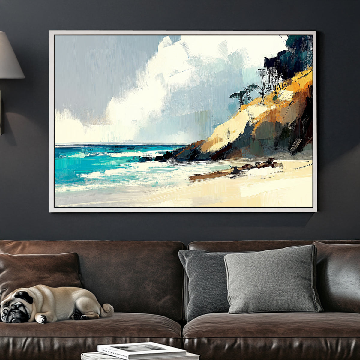 Abstract coastal landscape featuring golden cliffs, turquoise waves, and a serene sky with textured brushstrokes.