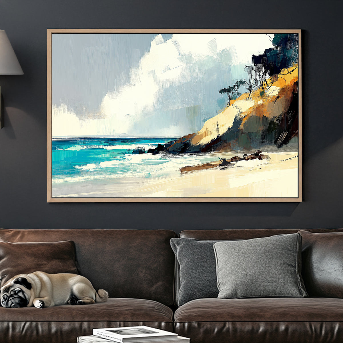 Abstract coastal landscape featuring golden cliffs, turquoise waves, and a serene sky with textured brushstrokes.