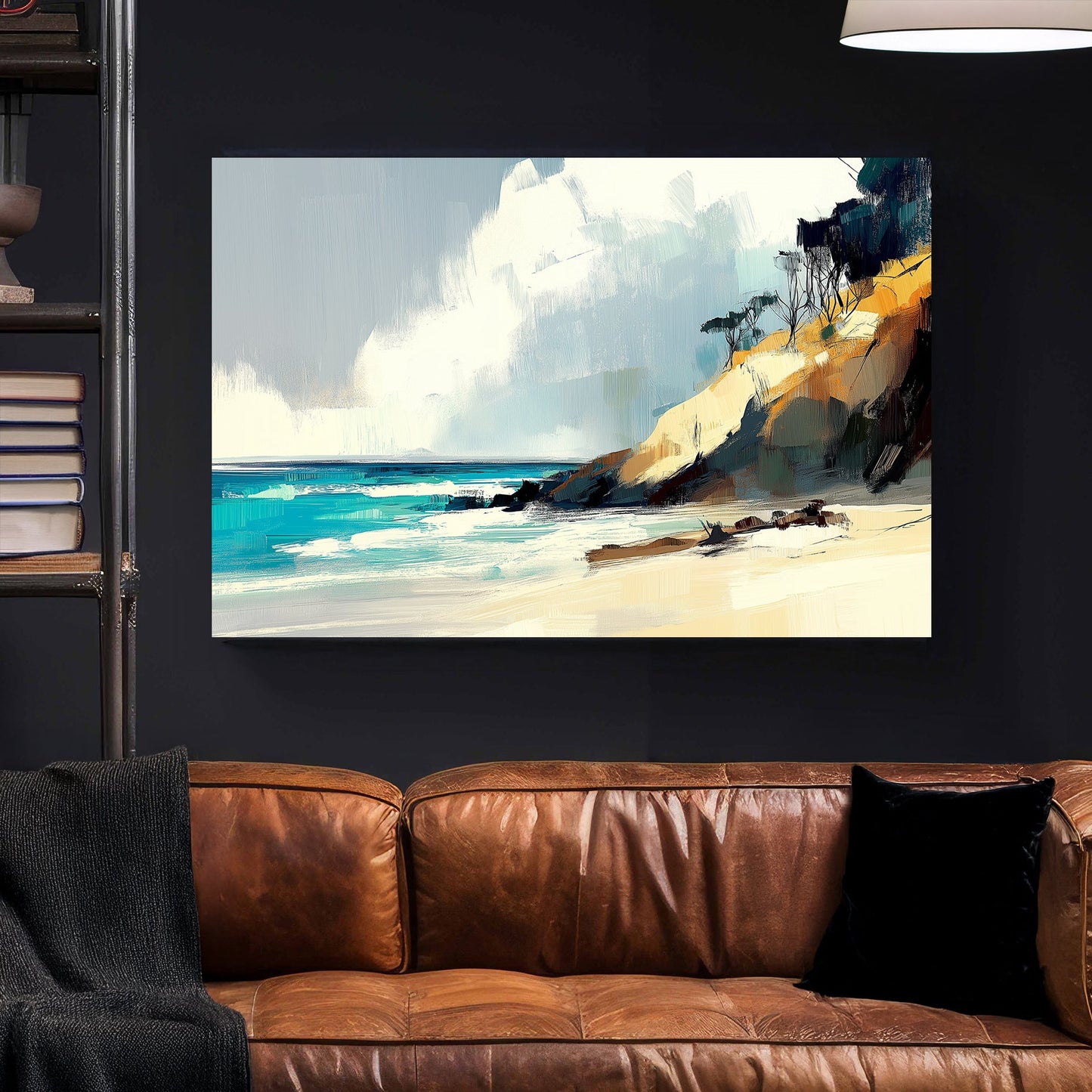 Abstract coastal landscape featuring golden cliffs, turquoise waves, and a serene sky with textured brushstrokes.