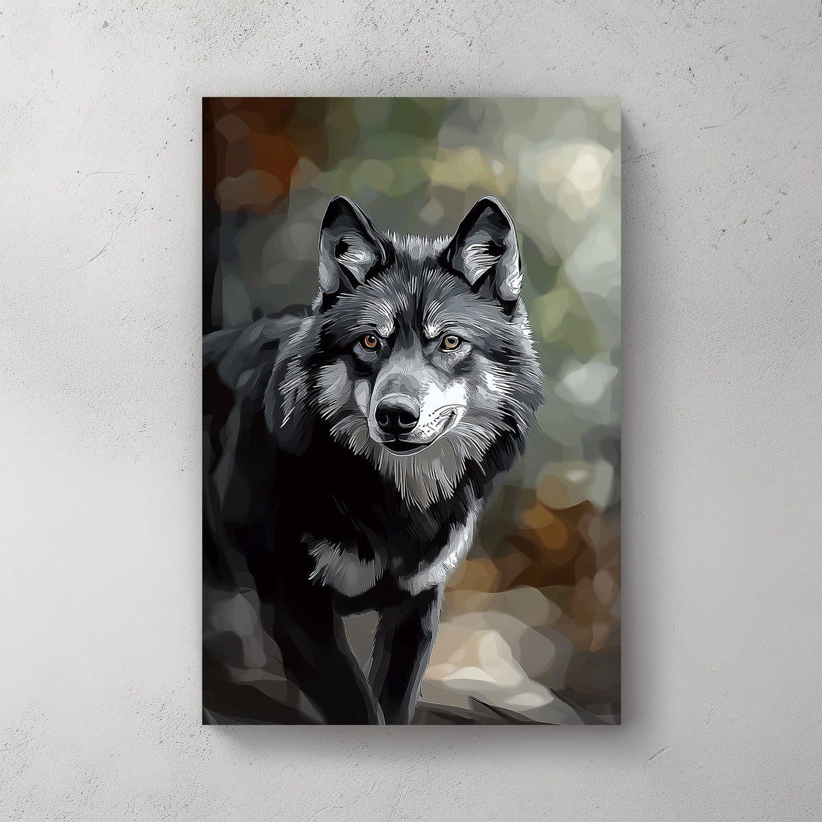 Stylized black and grey wolf portrait with piercing amber eyes, set against a soft, abstract forest background.