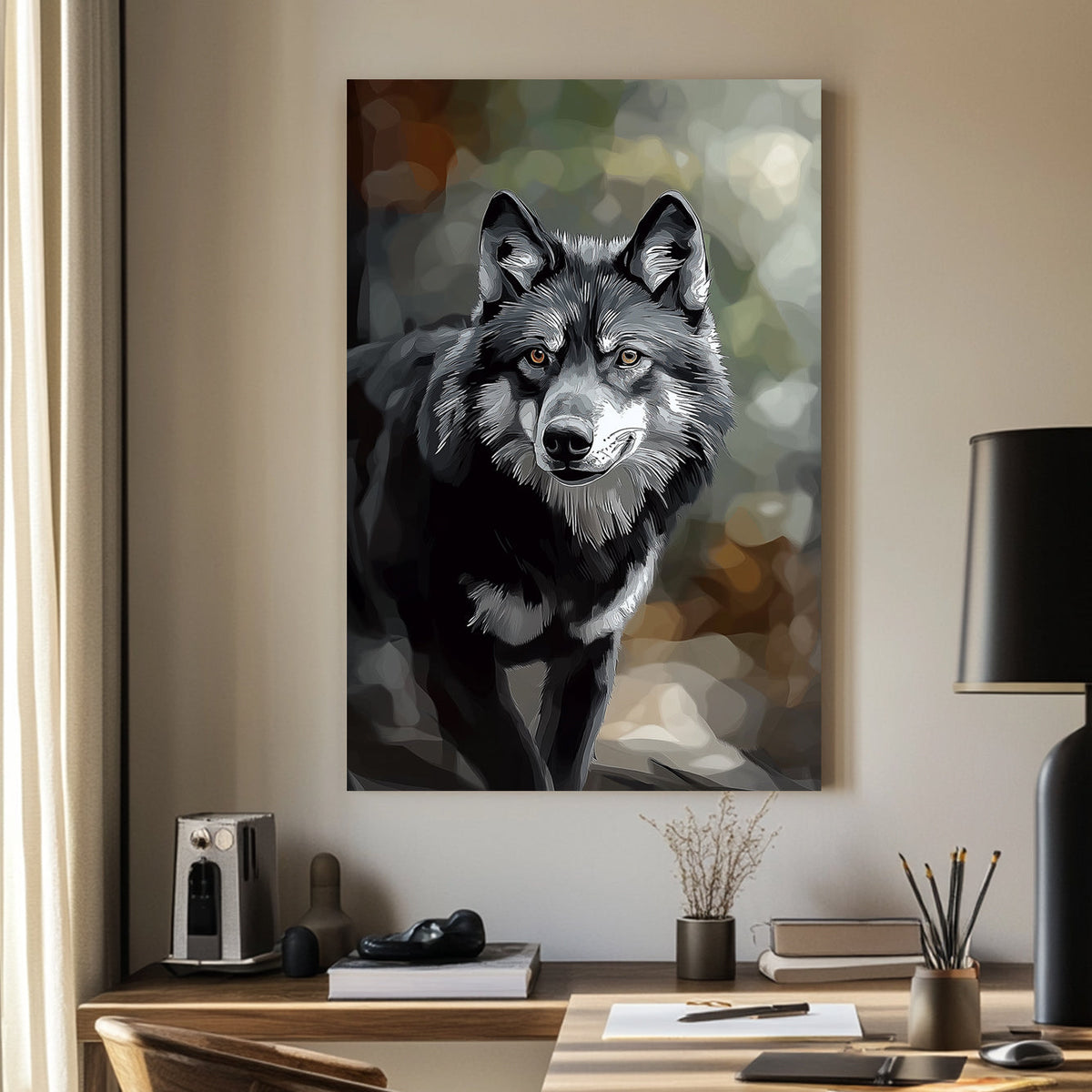 Stylized black and grey wolf portrait with piercing amber eyes, set against a soft, abstract forest background.