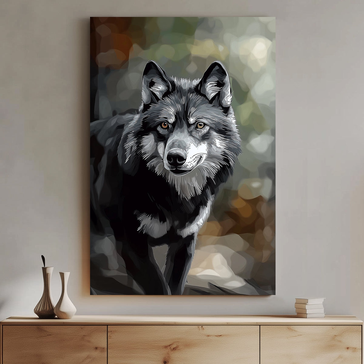 Stylized black and grey wolf portrait with piercing amber eyes, set against a soft, abstract forest background.