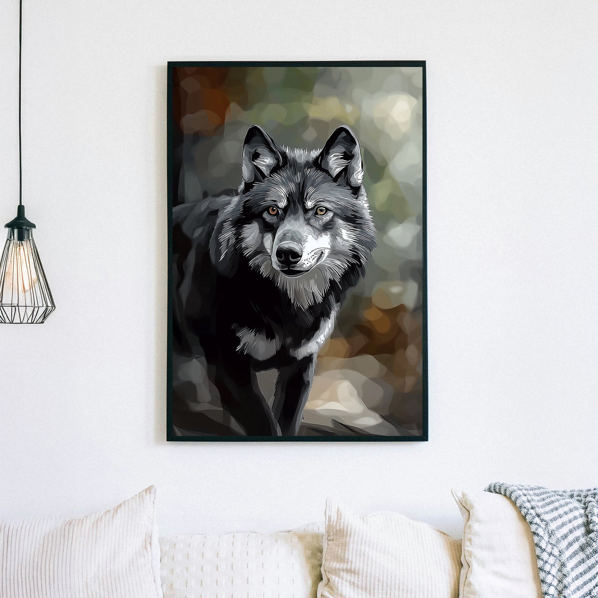Stylized black and grey wolf portrait with piercing amber eyes, set against a soft, abstract forest background.