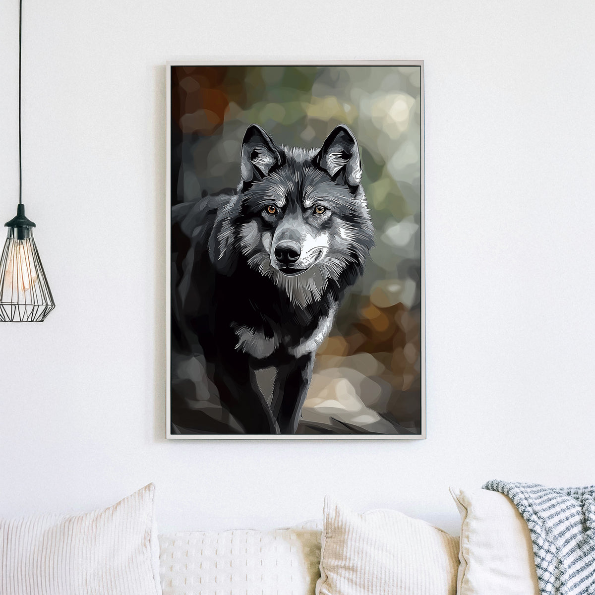 Stylized black and grey wolf portrait with piercing amber eyes, set against a soft, abstract forest background.