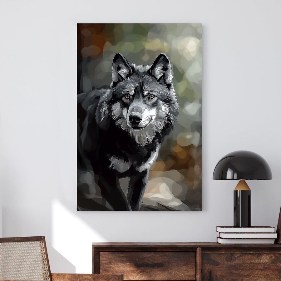 Stylized black and grey wolf portrait with piercing amber eyes, set against a soft, abstract forest background.