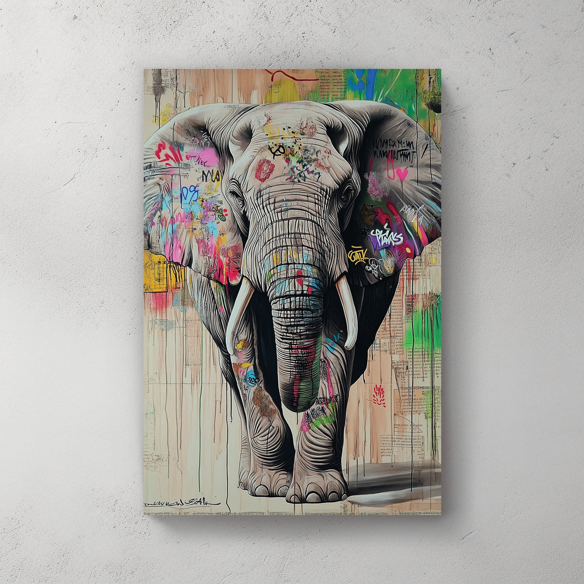 Graffiti-style elephant artwork with street art elements, featuring bold colours, urban textures, and a modern contemporary aesthetic.