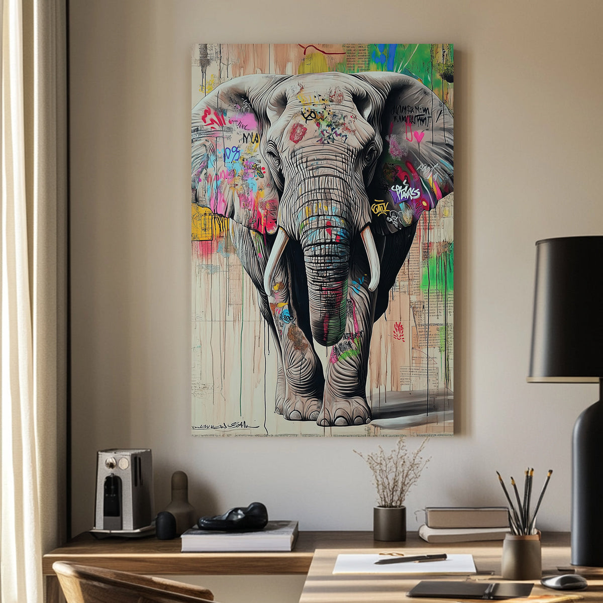 Graffiti-style elephant artwork with street art elements, featuring bold colours, urban textures, and a modern contemporary aesthetic.