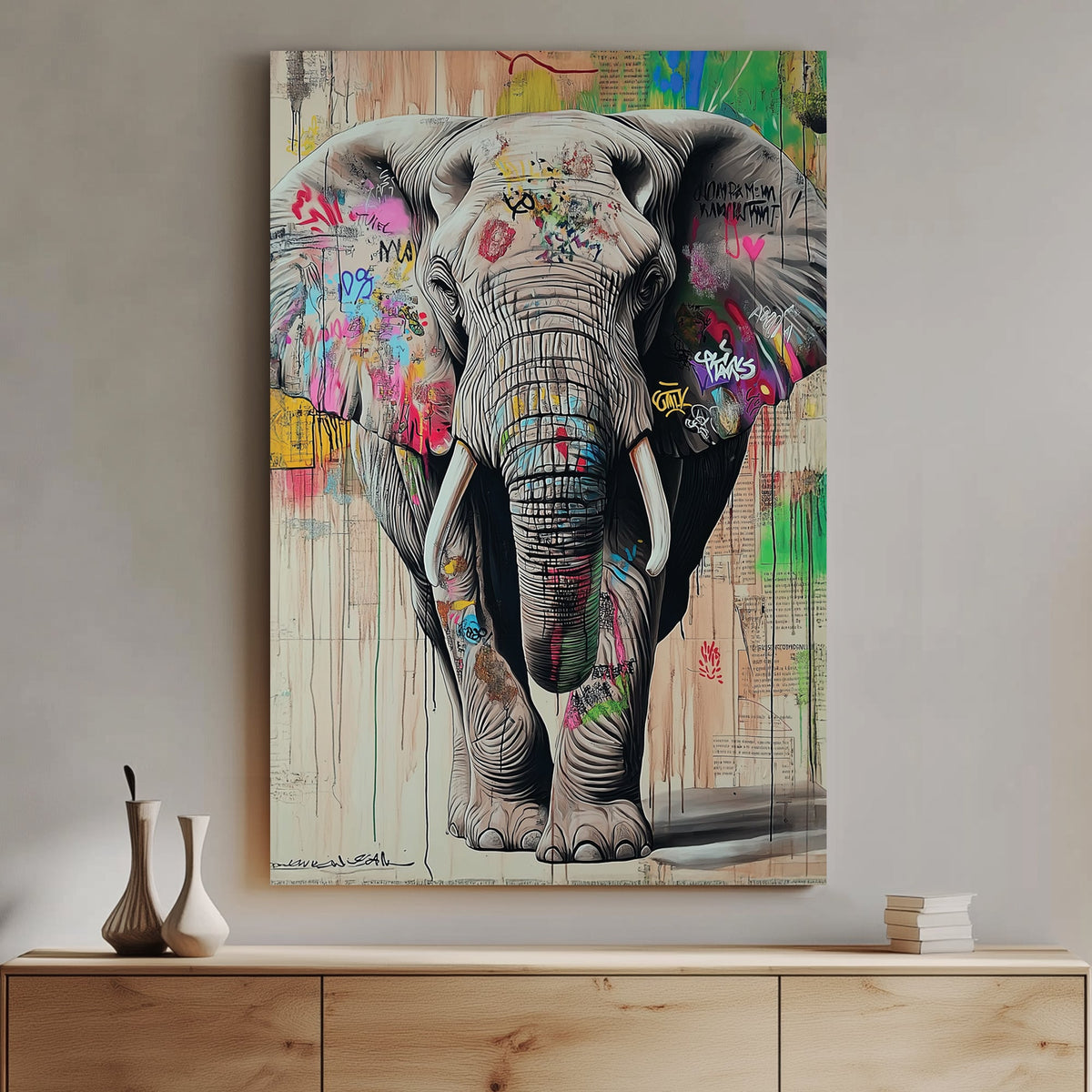 Graffiti-style elephant artwork with street art elements, featuring bold colours, urban textures, and a modern contemporary aesthetic.