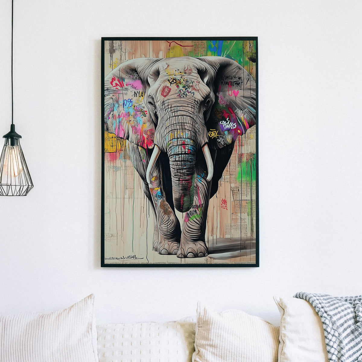 Graffiti-style elephant artwork with street art elements, featuring bold colours, urban textures, and a modern contemporary aesthetic.
