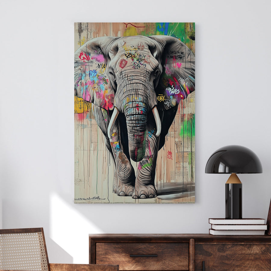 Graffiti-style elephant artwork with street art elements, featuring bold colours, urban textures, and a modern contemporary aesthetic.