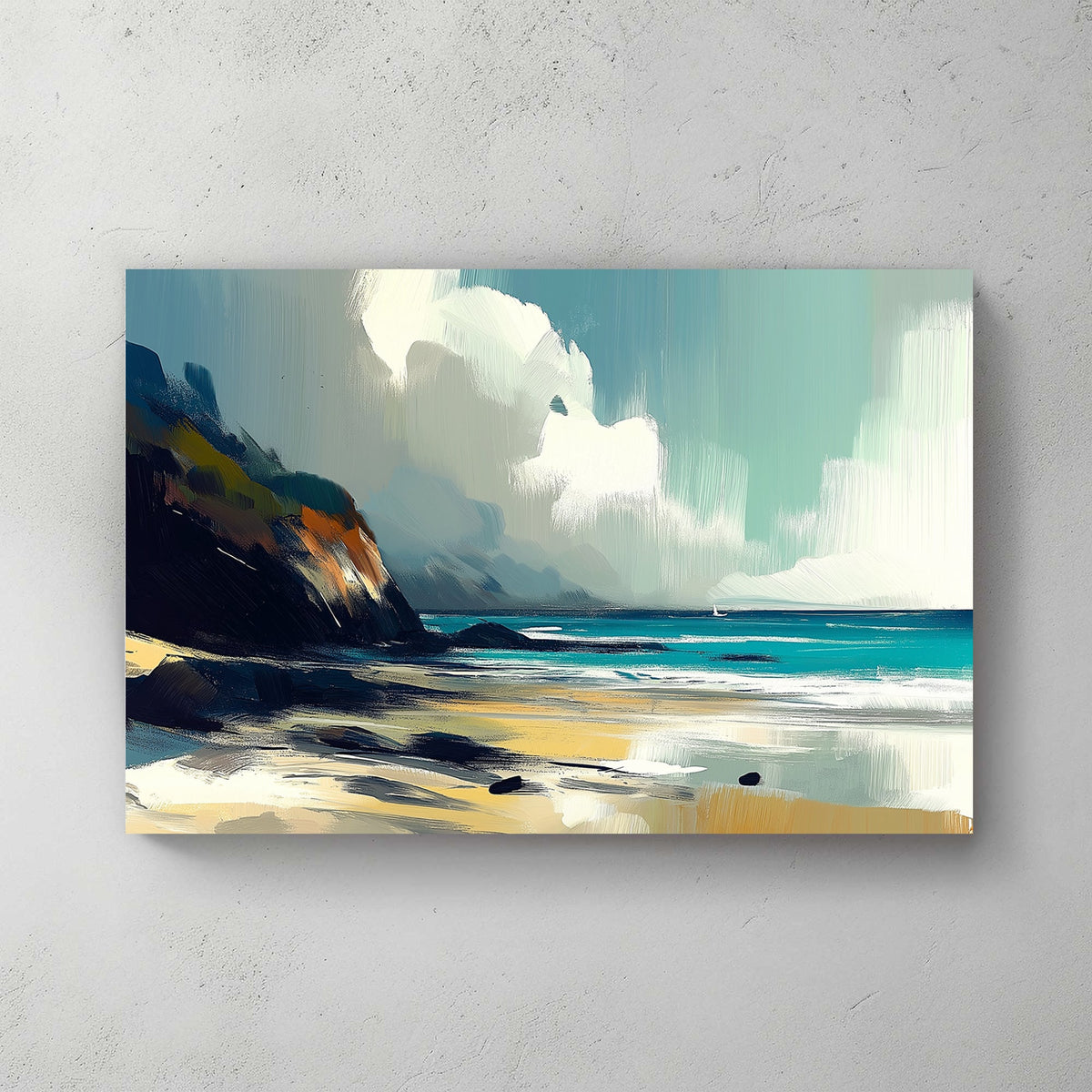 Impressionist coastal landscape wall art with cliffs, ocean waves, and golden sand under a soft, cloudy sky.