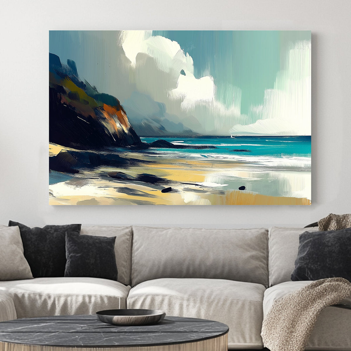 Impressionist coastal landscape wall art with cliffs, ocean waves, and golden sand under a soft, cloudy sky.