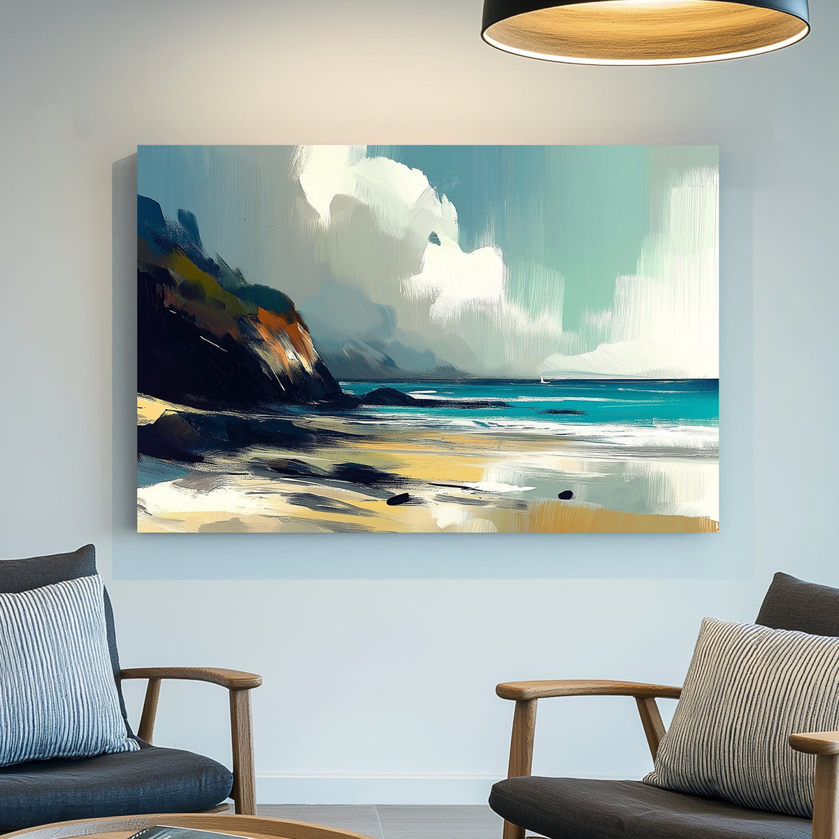 Impressionist coastal landscape wall art with cliffs, ocean waves, and golden sand under a soft, cloudy sky.
