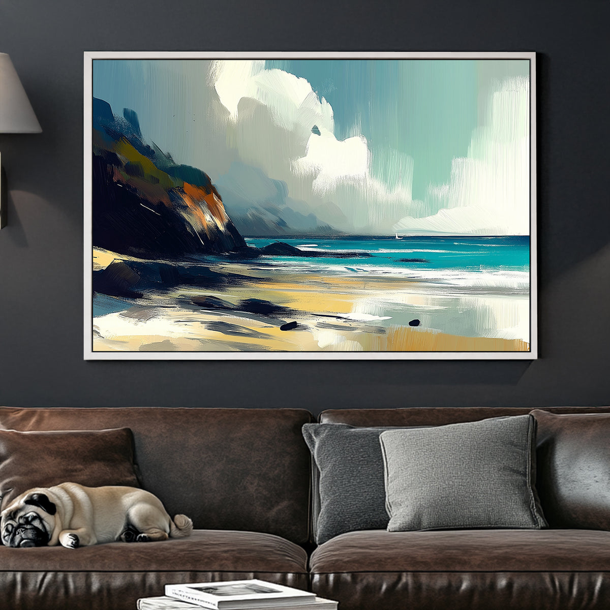 Impressionist coastal landscape wall art with cliffs, ocean waves, and golden sand under a soft, cloudy sky.
