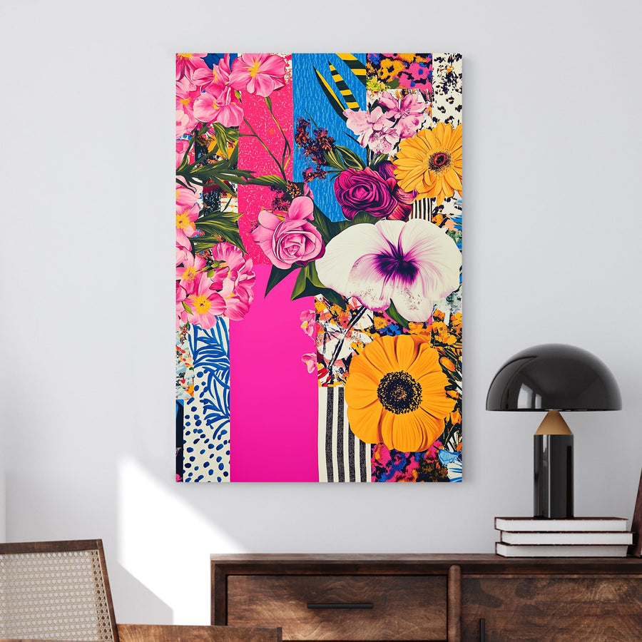 Bright floral mixed-media artwork with pink roses, yellow sunflowers, and bold patterns in an abstract composition.