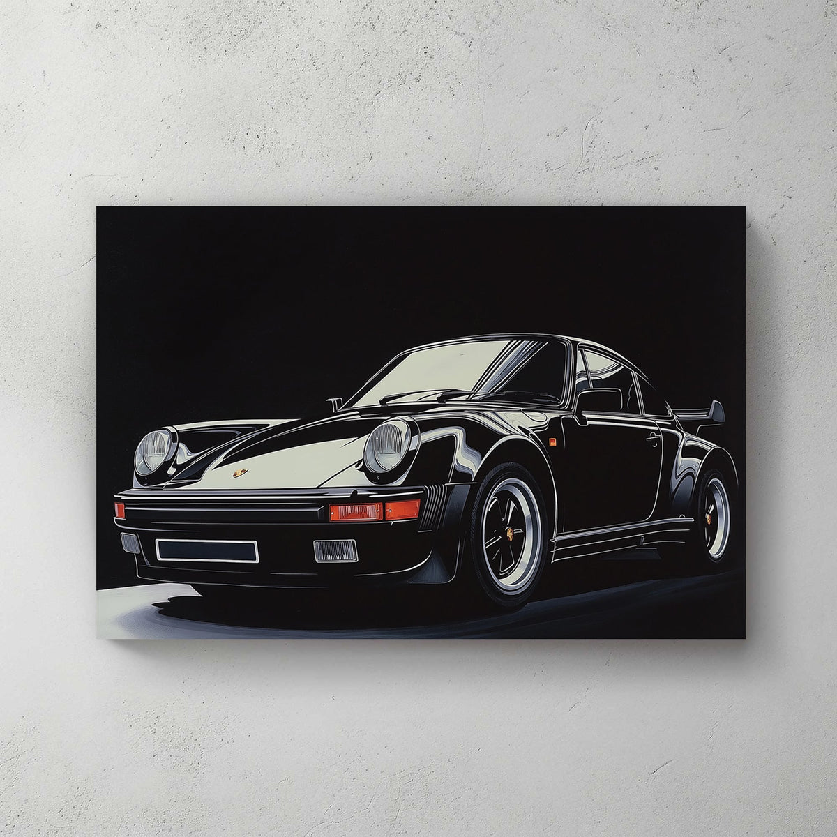 High-contrast digital wall art of a black Porsche 911 Turbo with sharp reflections against a dark background.